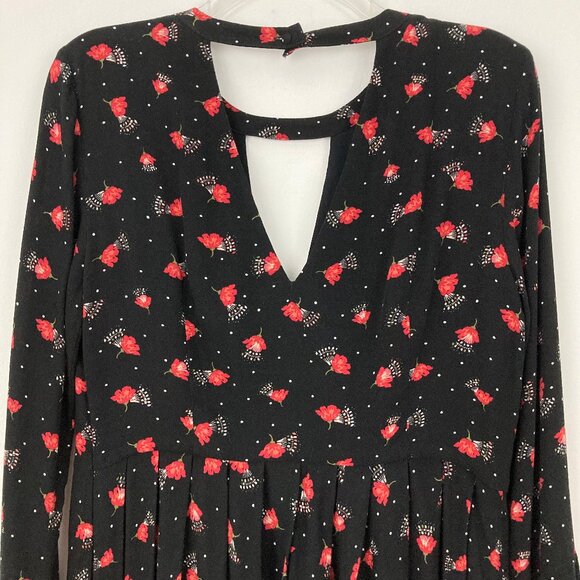Free People Teagan Mini Dress Size 8 Black Floral Long Sleeve Keyholes Pleated - Picture 6 of 11